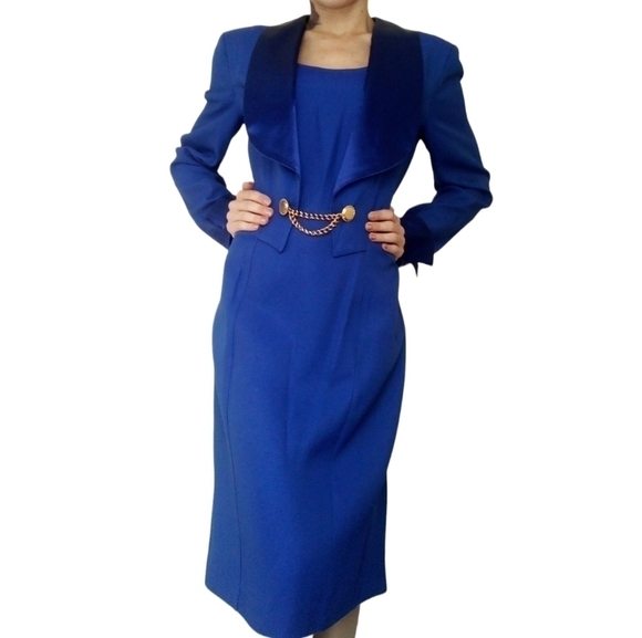 Vintage Blue Gold Midi Dress Size 10 - Picture 3 of 6